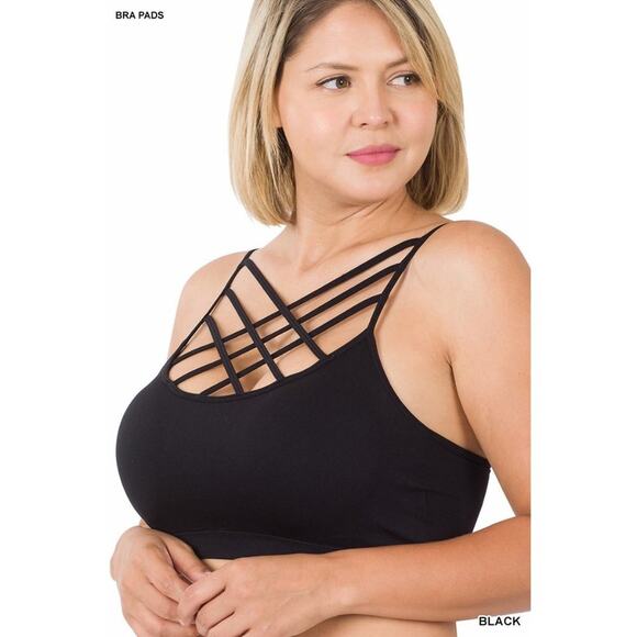 1X/2X Black Triple Criss Cross Bralette + bra pads Zenana wireless seamless - Picture 2 of 16